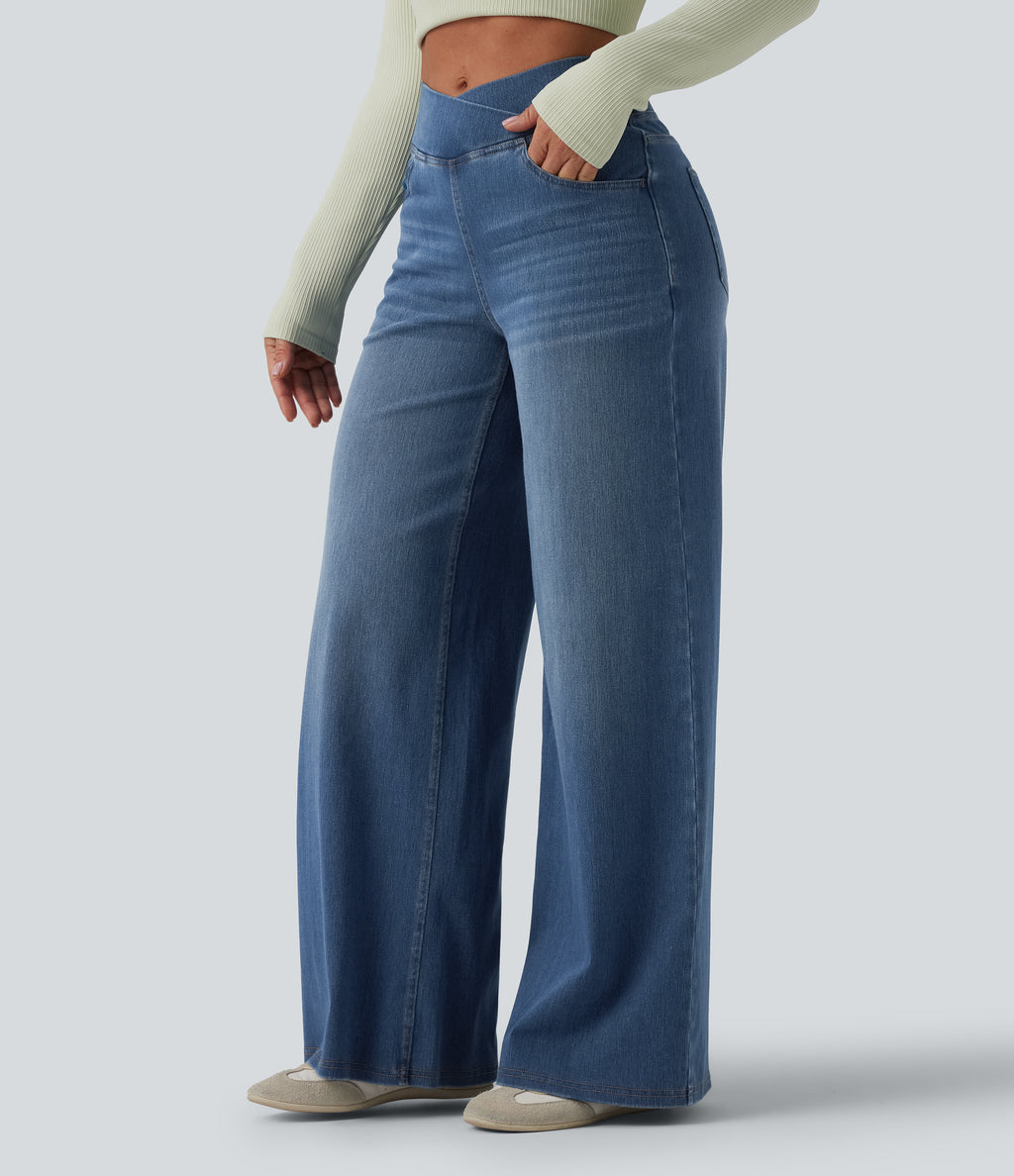 High Waisted Crossover Wide Leg Casual Jeans with Pockets — Tide Blue Denim — view 3