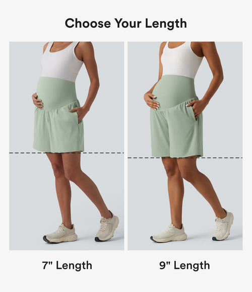 Airy Super High Waisted 2-in-1 InstantCool Yoga Maternity Shorts 7'' with Pockets — Light Bean Green — view 2