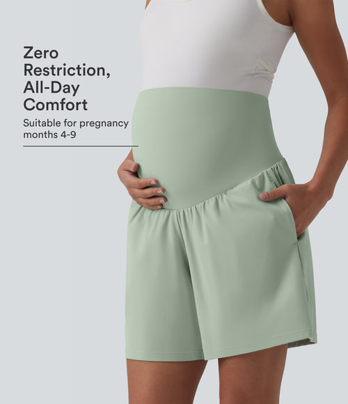 Airy Super High Waisted 2-in-1 InstantCool Yoga Maternity Shorts 7'' with Pockets — Light Bean Green — view 1
