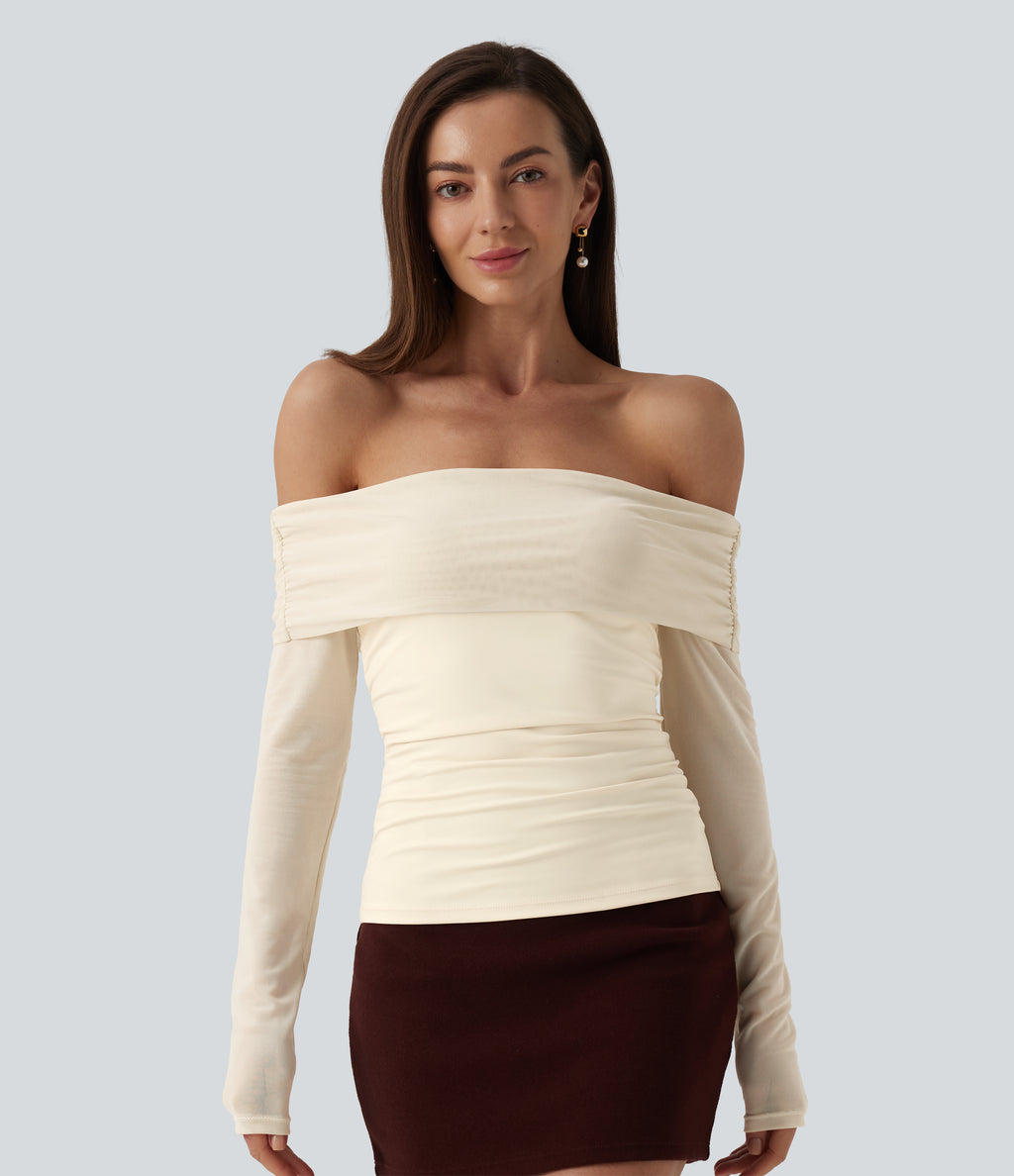 Plush Off Shoulder Mesh Long Sleeve Top — Solitary Star — view 7