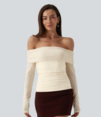 Plush Off Shoulder Mesh Long Sleeve Top — Solitary Star — view 7