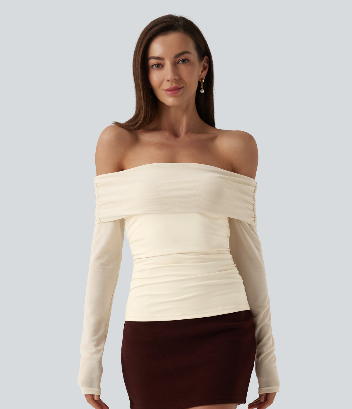 Plush Off Shoulder Mesh Long Sleeve Top — Solitary Star — view 7