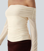 Plush Off Shoulder Mesh Long Sleeve Top — Solitary Star — view 6