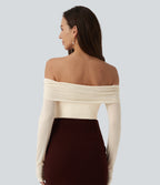 Plush Off Shoulder Mesh Long Sleeve Top — Solitary Star — view 2