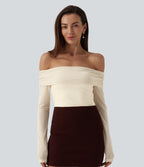 Plush Off Shoulder Mesh Long Sleeve Top — Solitary Star — view 3