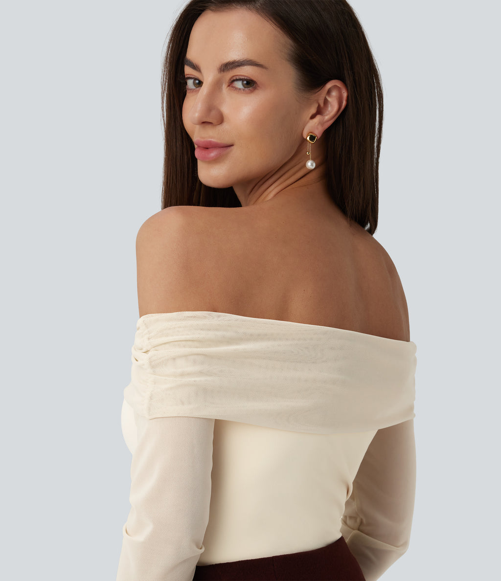 Plush Off Shoulder Mesh Long Sleeve Top — Solitary Star — view 5