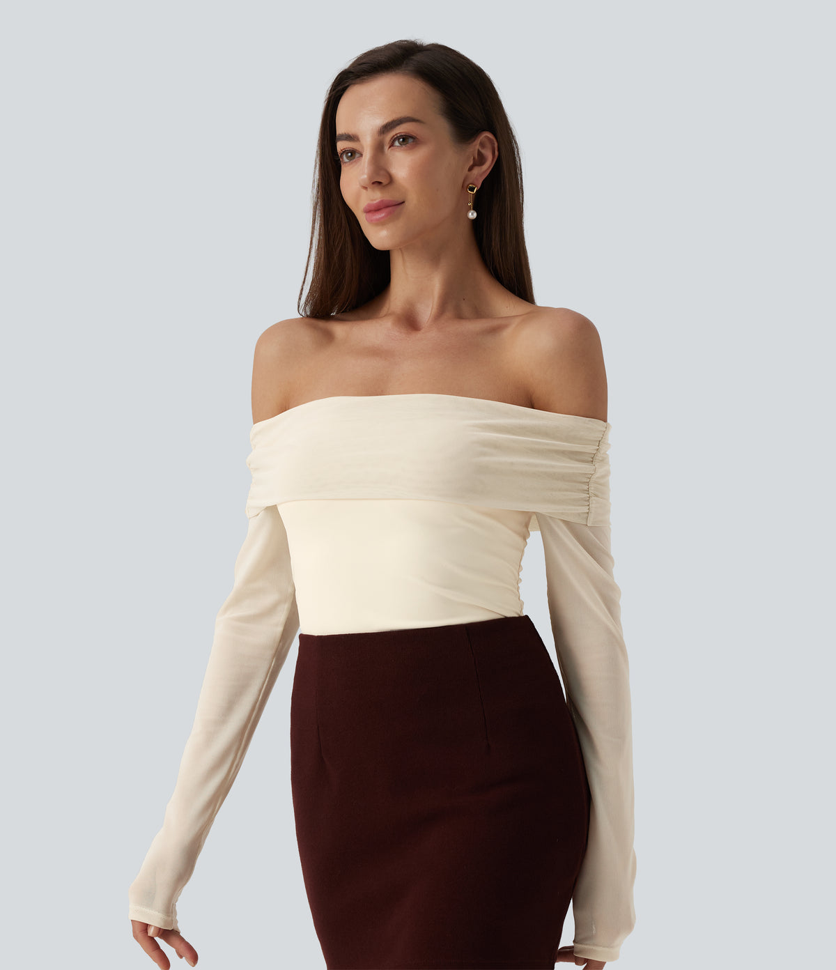 Plush Off Shoulder Mesh Long Sleeve Top — Solitary Star — view 1