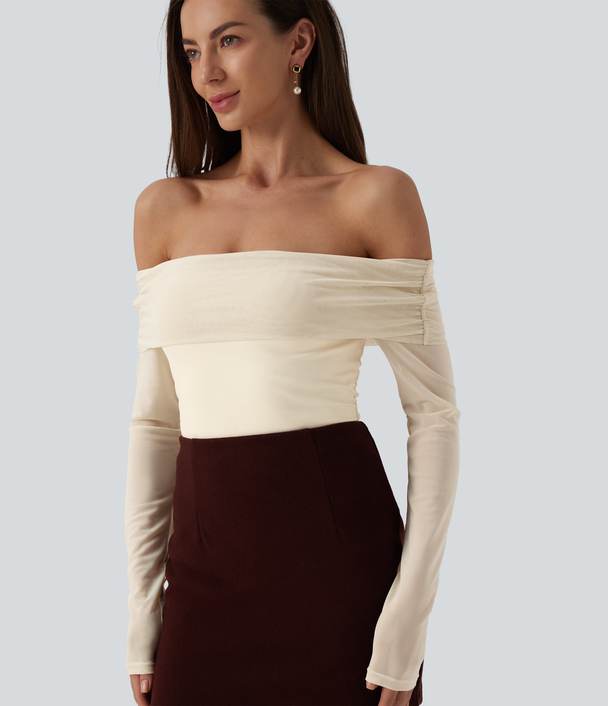 Plush Off Shoulder Mesh Long Sleeve Top — Solitary Star — view 4