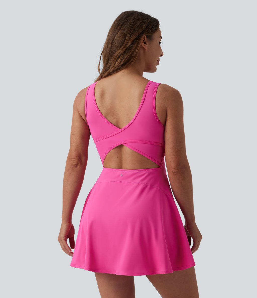 Airy U Neck 2-in-1 Pocket Mini Cool Touch Dance Active Dress DD-F Cups — Fuchsia Fedora — view 2