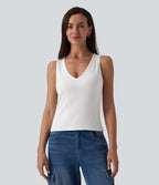 Ribbed Knit V-neck Casual Tank Top — White — view 2