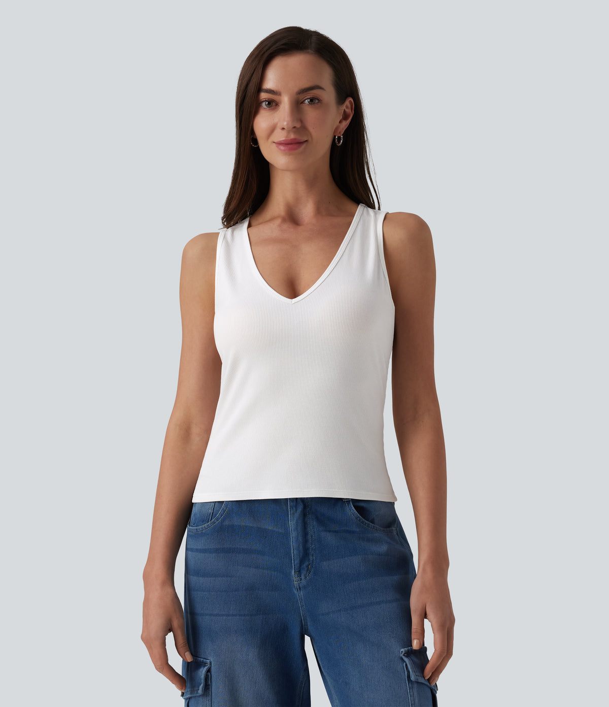 Ribbed Knit V-neck Casual Tank Top — White — view 2