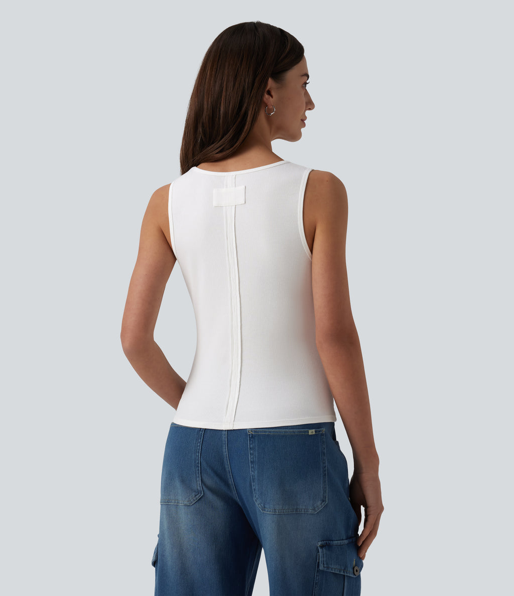 Ribbed Knit V-neck Casual Tank Top — White — view 3