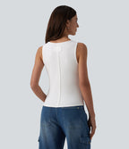 Ribbed Knit V-neck Casual Tank Top — White — view 3