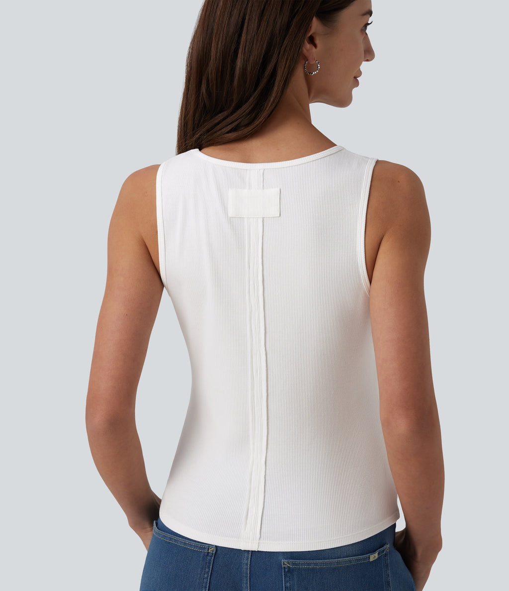 Ribbed Knit V-neck Casual Tank Top — White — view 1