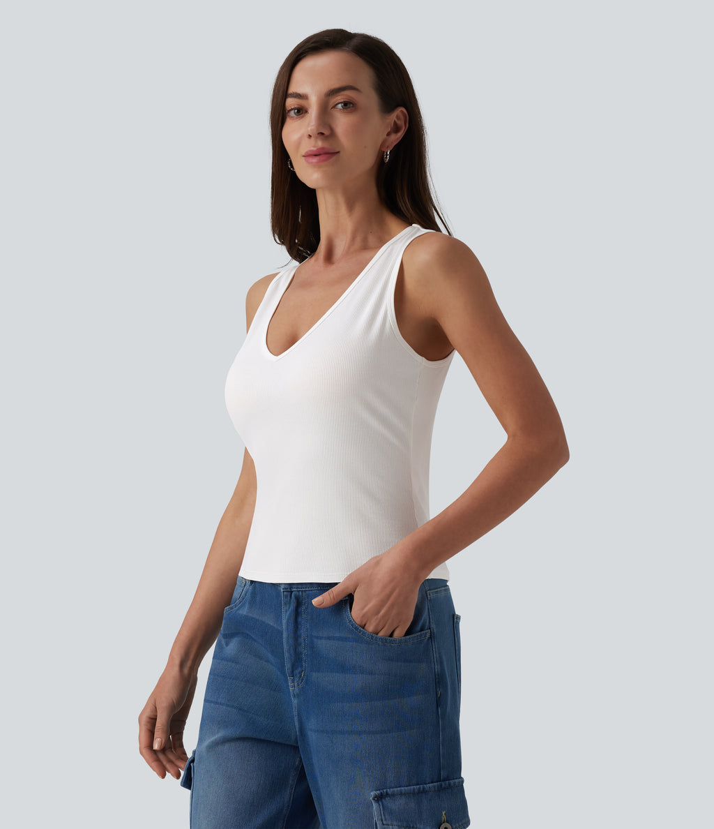 Ribbed Knit V-neck Casual Tank Top — White — view 4
