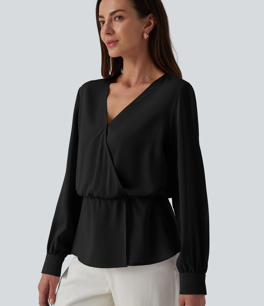 Wrinkle Recovery V-neck Snap Button Crossover Long Sleeve Relaxed Work Blouse — Black — view 1