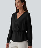 Wrinkle Recovery V-neck Snap Button Crossover Long Sleeve Relaxed Work Blouse — Black — view 1