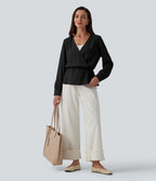 Wrinkle Recovery V-neck Snap Button Crossover Long Sleeve Relaxed Work Blouse — Black — view 6