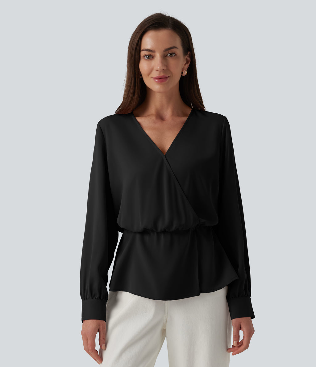 Wrinkle Recovery V-neck Snap Button Crossover Long Sleeve Relaxed Work Blouse — Black — view 3