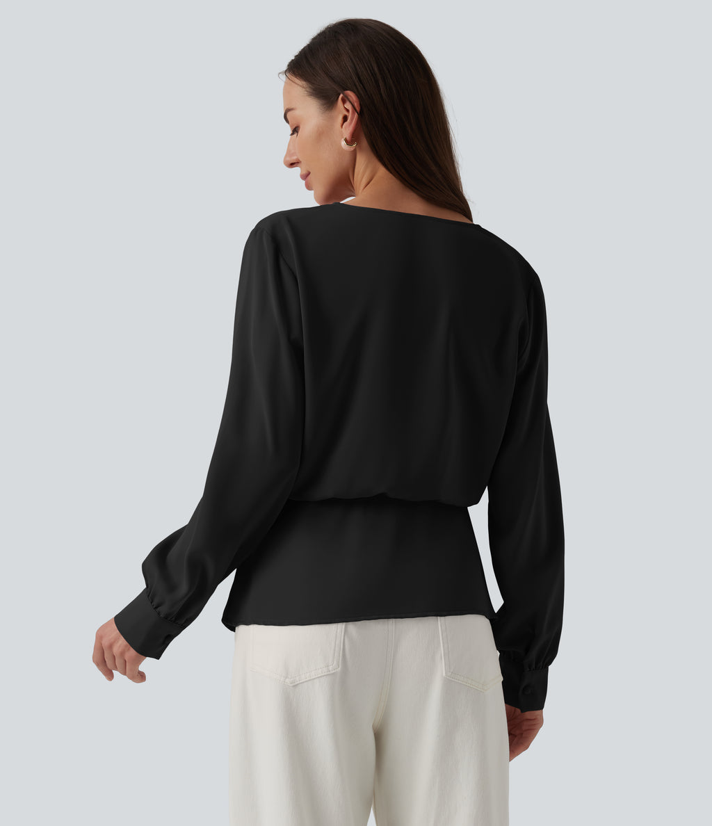 Wrinkle Recovery V-neck Snap Button Crossover Long Sleeve Relaxed Work Blouse — Black — view 2