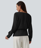 Wrinkle Recovery V-neck Snap Button Crossover Long Sleeve Relaxed Work Blouse — Black — view 2
