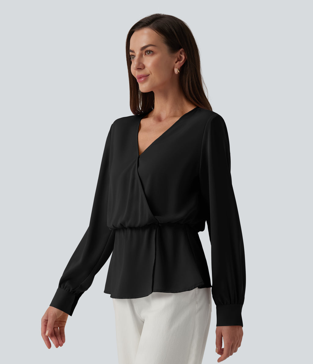 Wrinkle Recovery V-neck Snap Button Crossover Long Sleeve Relaxed Work Blouse — Black — view 4