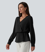 Wrinkle Recovery V-neck Snap Button Crossover Long Sleeve Relaxed Work Blouse — Black — view 4