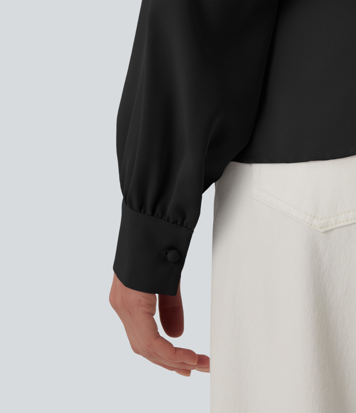 Wrinkle Recovery V-neck Snap Button Crossover Long Sleeve Relaxed Work Blouse — Black — view 5