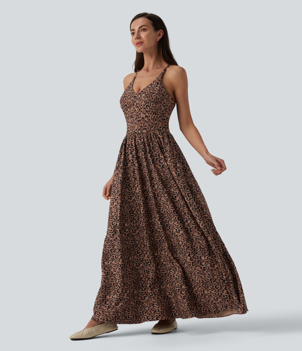 Printed Flowy Maxi Casual Slip Dress with Pockets — Classic Leopard — view 3