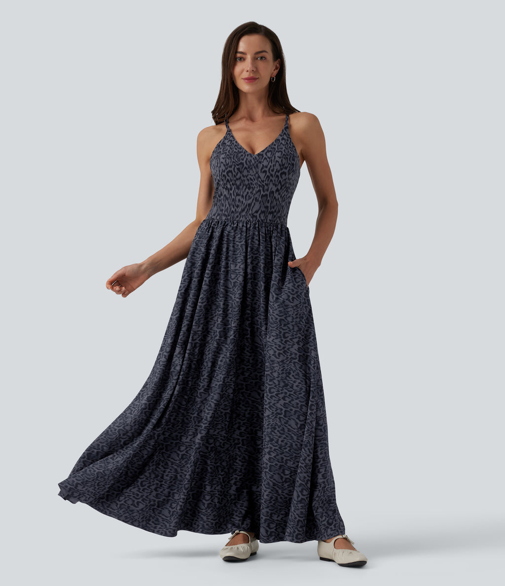 Printed Flowy Maxi Casual Slip Dress with Pockets — Midnight Haze — view 9