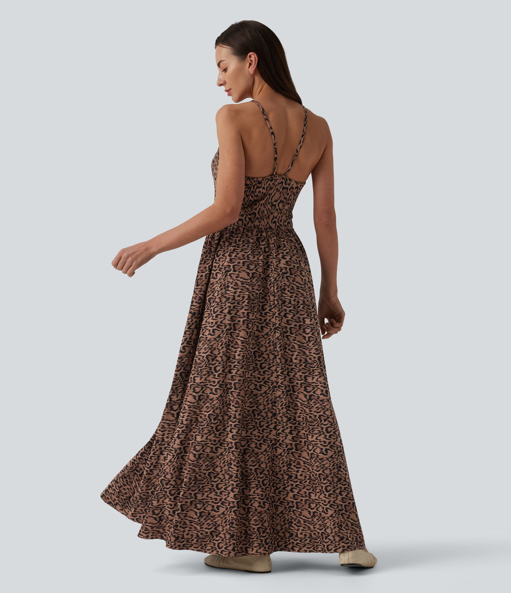 Printed Flowy Maxi Casual Slip Dress with Pockets — Classic Leopard — view 2