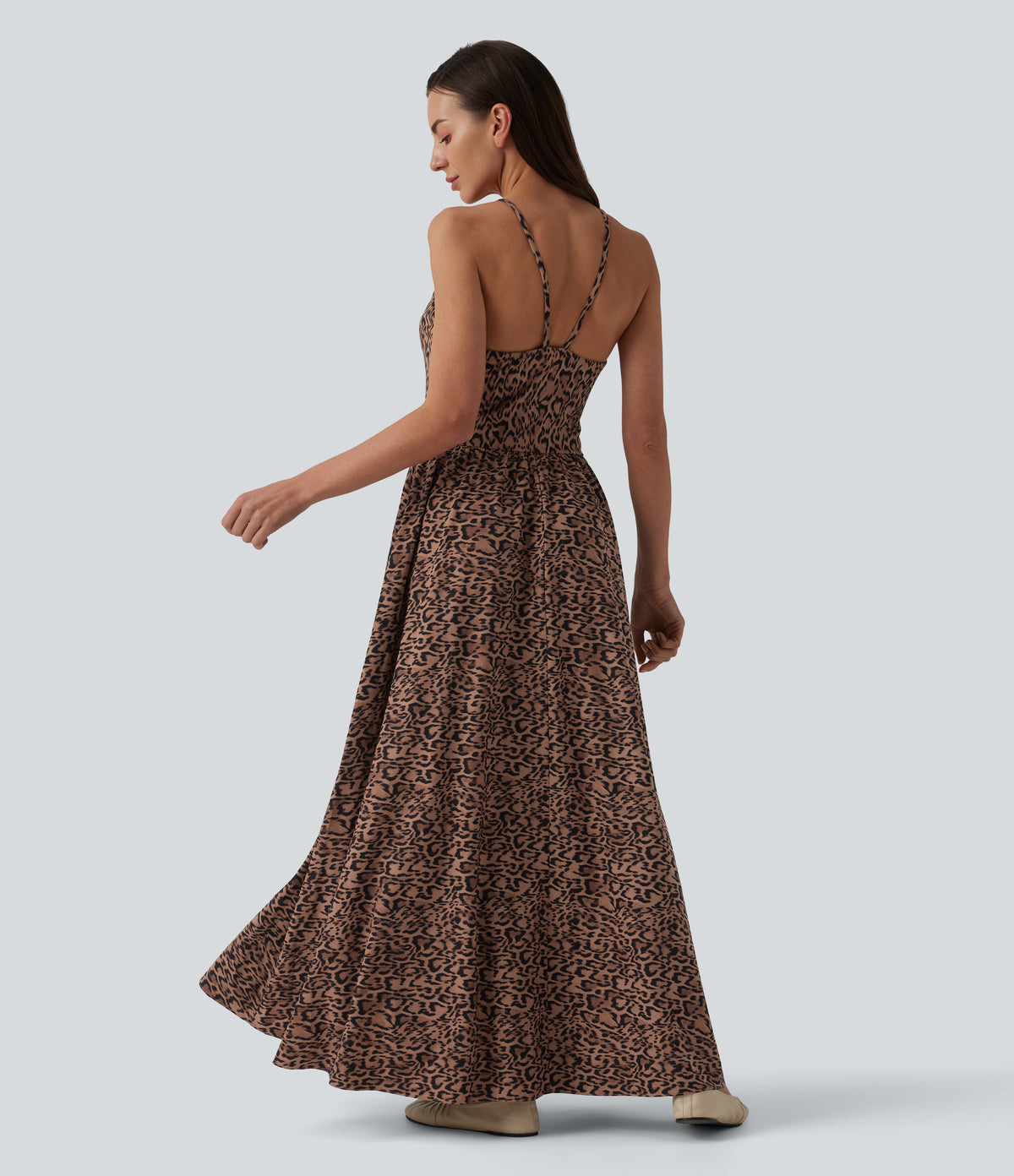 Printed Flowy Maxi Casual Slip Dress with Pockets — Classic Leopard — view 2