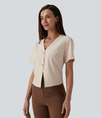 V Neck Short Sleeve Work Linen-Feel Blouse — Sandshell — view 3