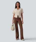 V Neck Short Sleeve Work Linen-Feel Blouse — Sandshell — view 5