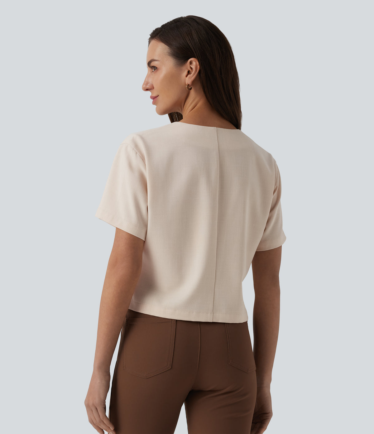 V Neck Short Sleeve Work Linen-Feel Blouse — Sandshell — view 2