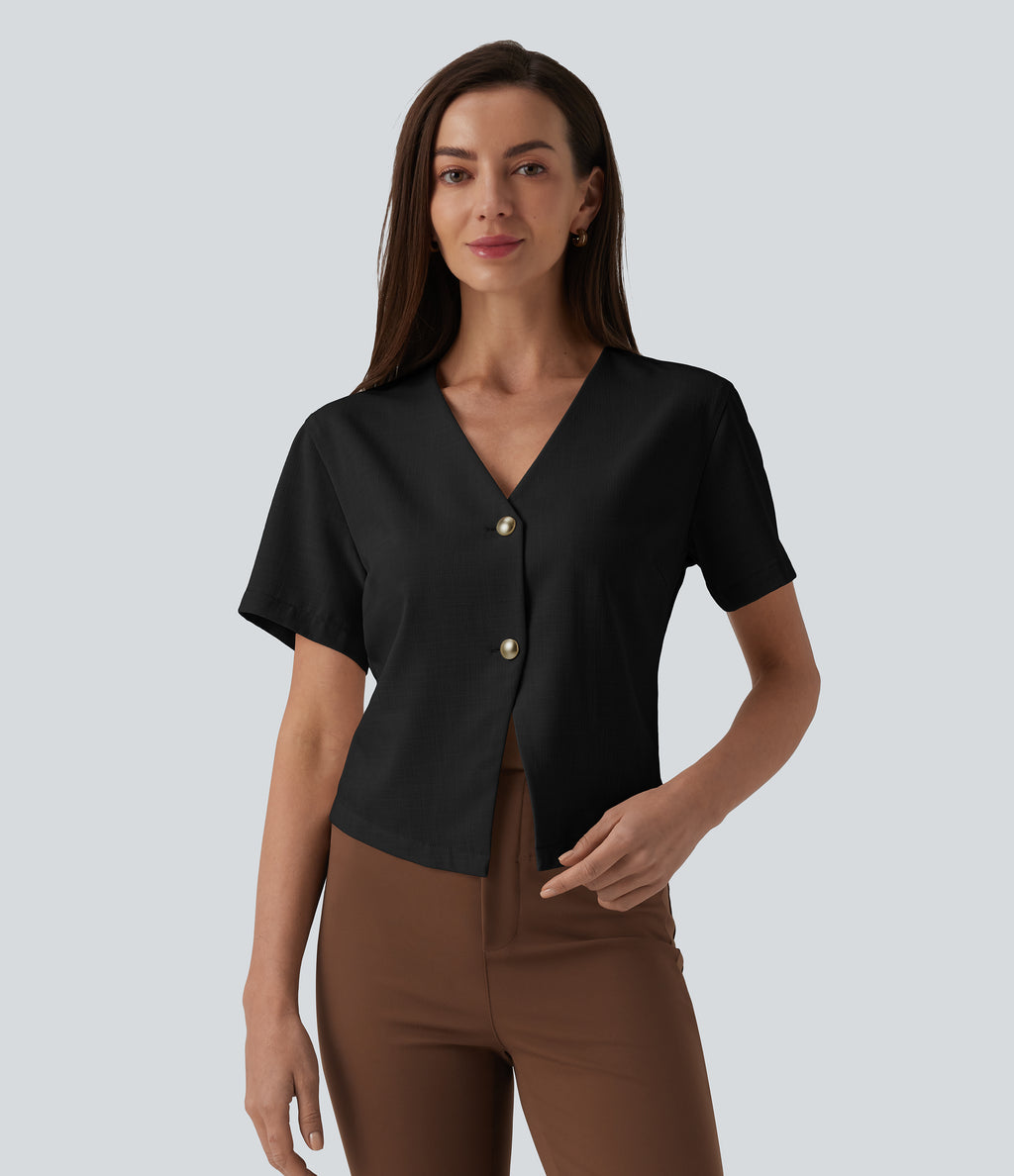 V Neck Short Sleeve Work Linen-Feel Blouse — Black — view 6
