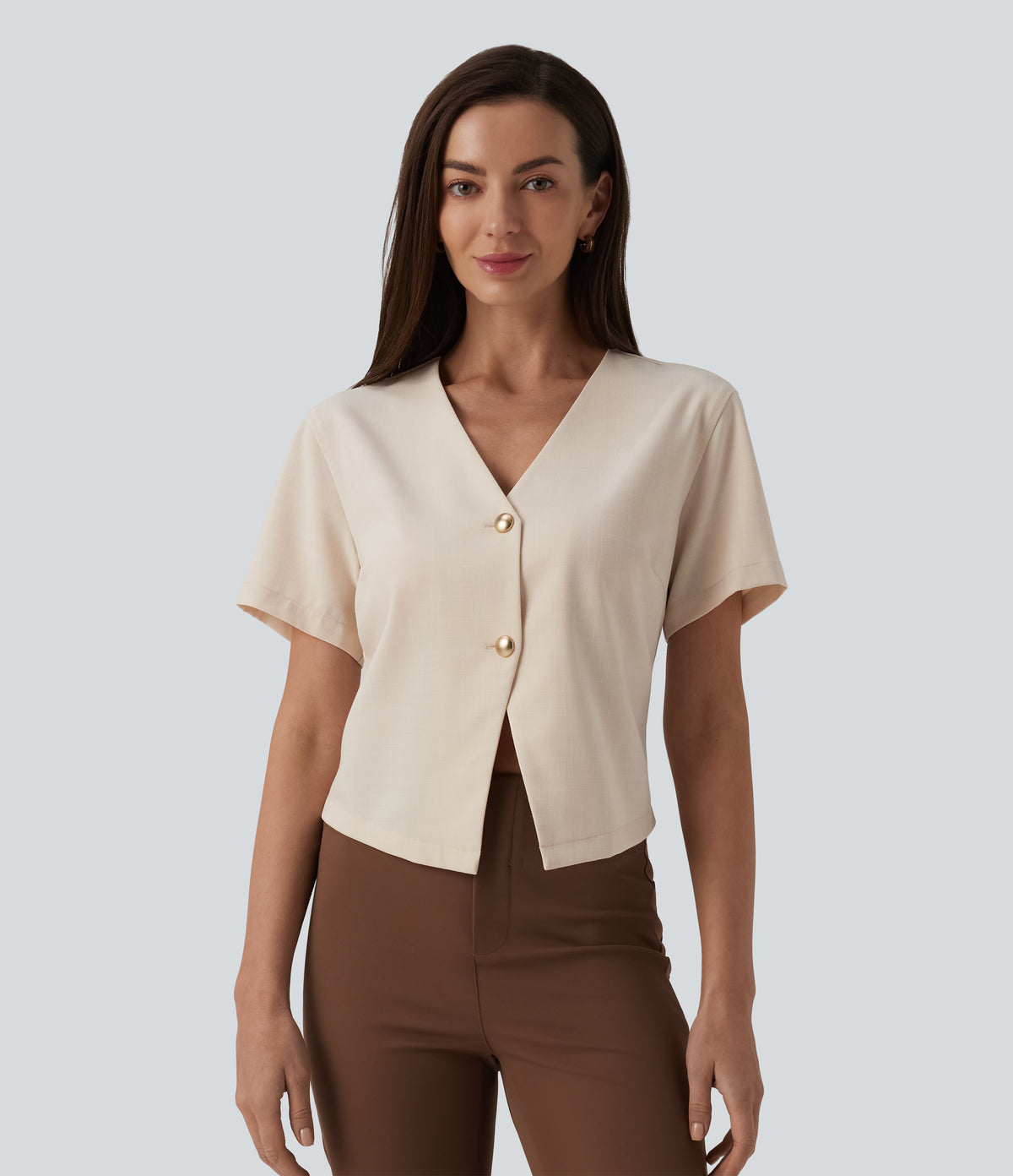 V Neck Short Sleeve Work Linen-Feel Blouse — Sandshell — view 1