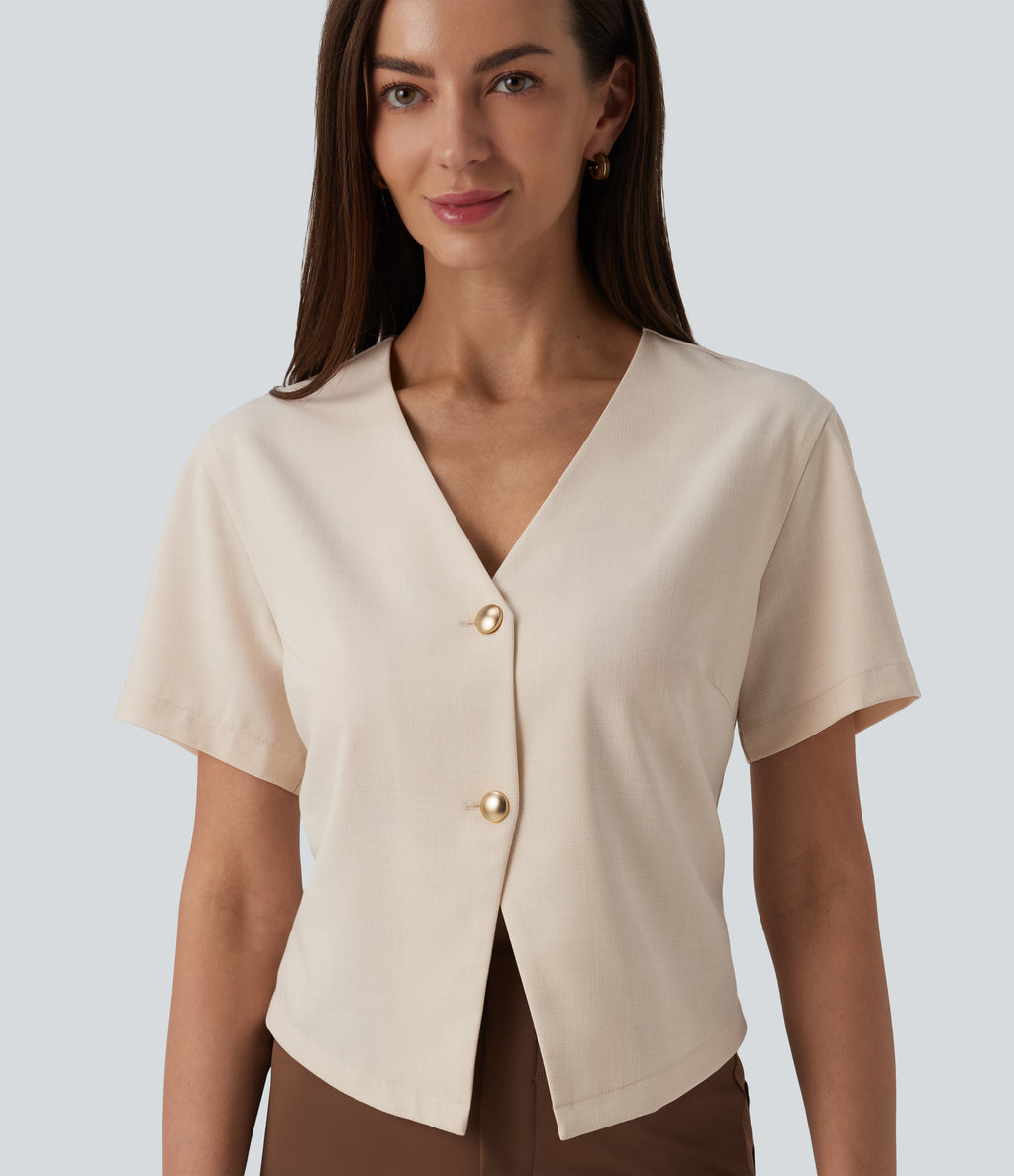V Neck Short Sleeve Work Linen-Feel Blouse — Sandshell — view 4