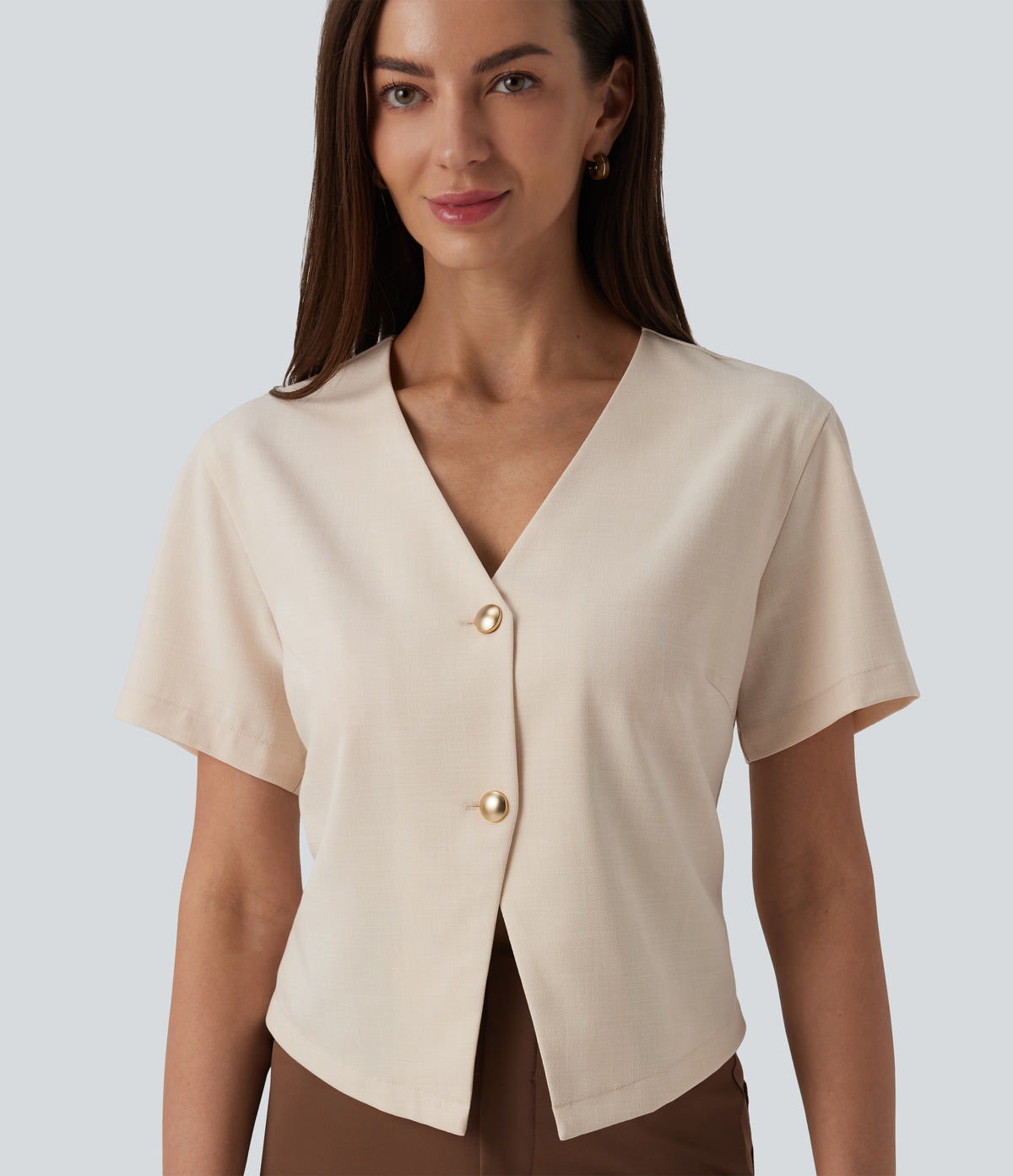 V Neck Short Sleeve Work Linen-Feel Blouse — Sandshell — view 4
