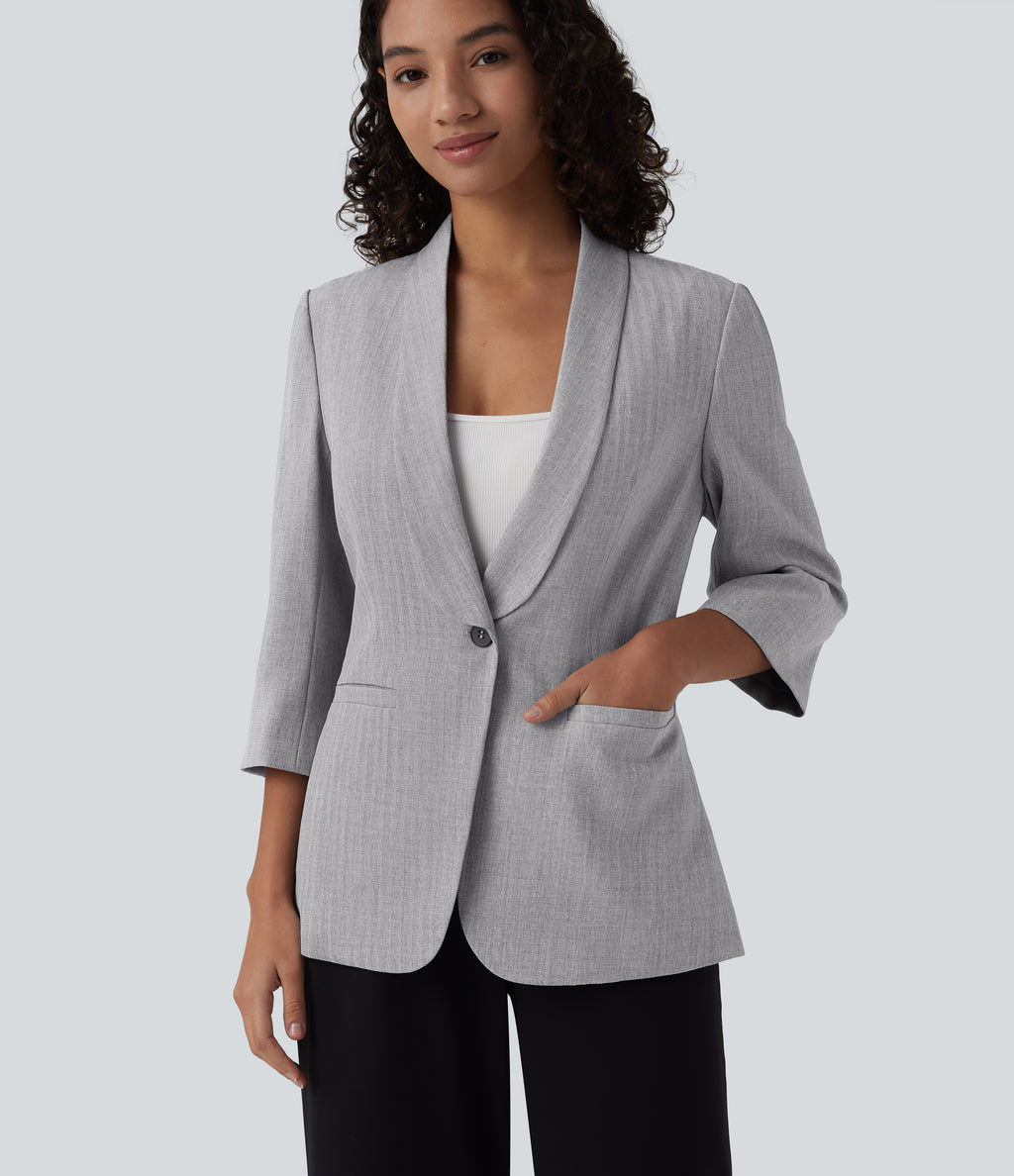 Shawl Collar 3/4 Sleeve Work Blazer with Pockets — Cityscape — view 4
