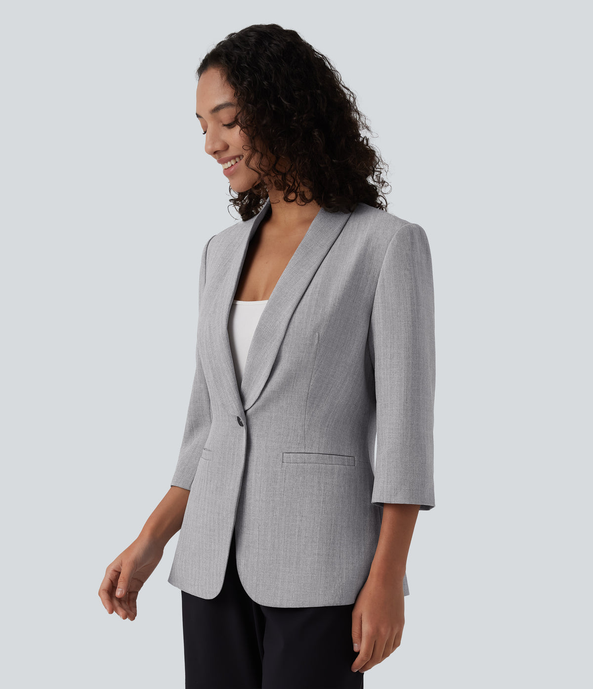 Shawl Collar 3/4 Sleeve Work Blazer with Pockets — Cityscape — view 3
