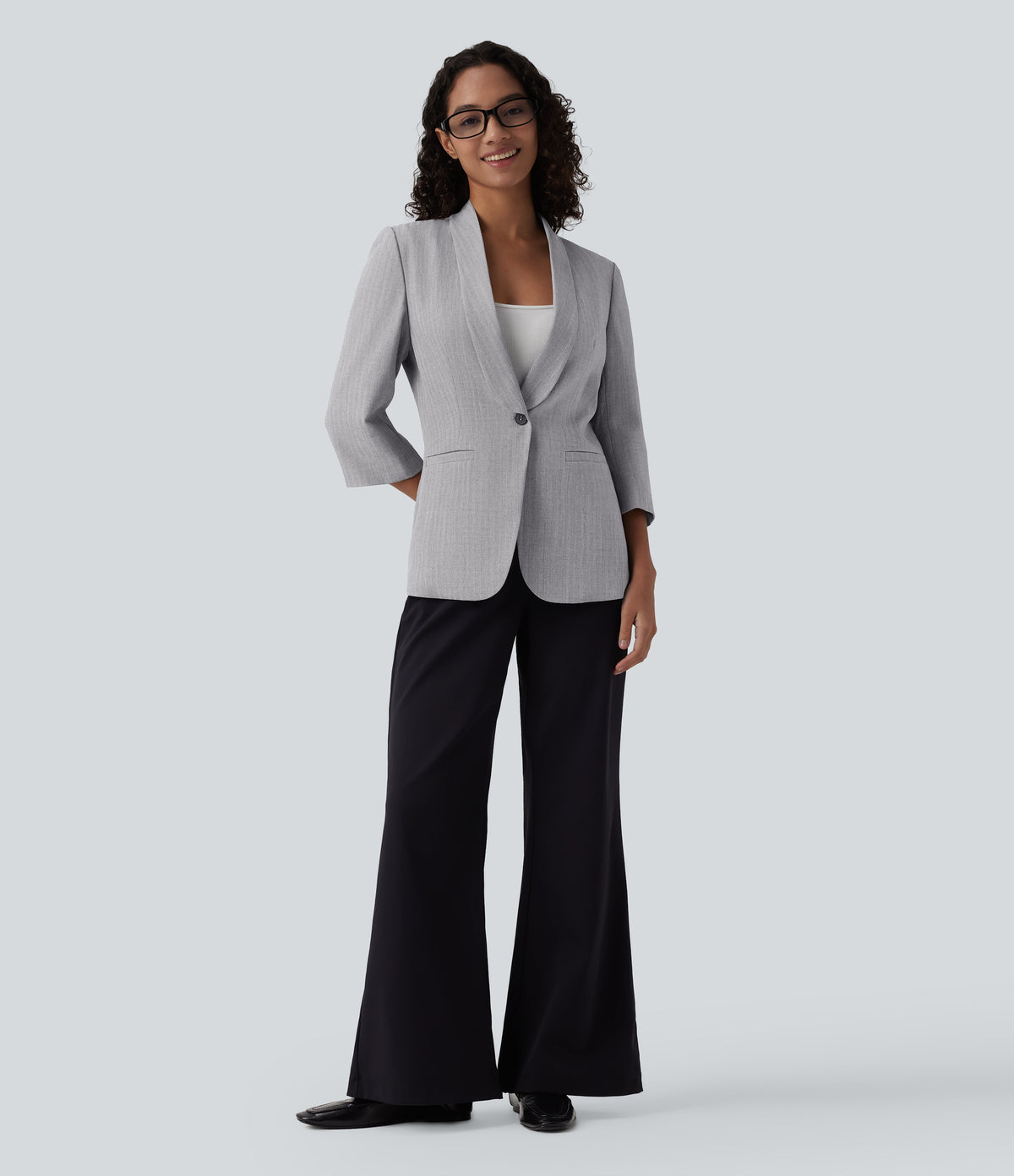 Shawl Collar 3/4 Sleeve Work Blazer with Pockets — Cityscape — view 6