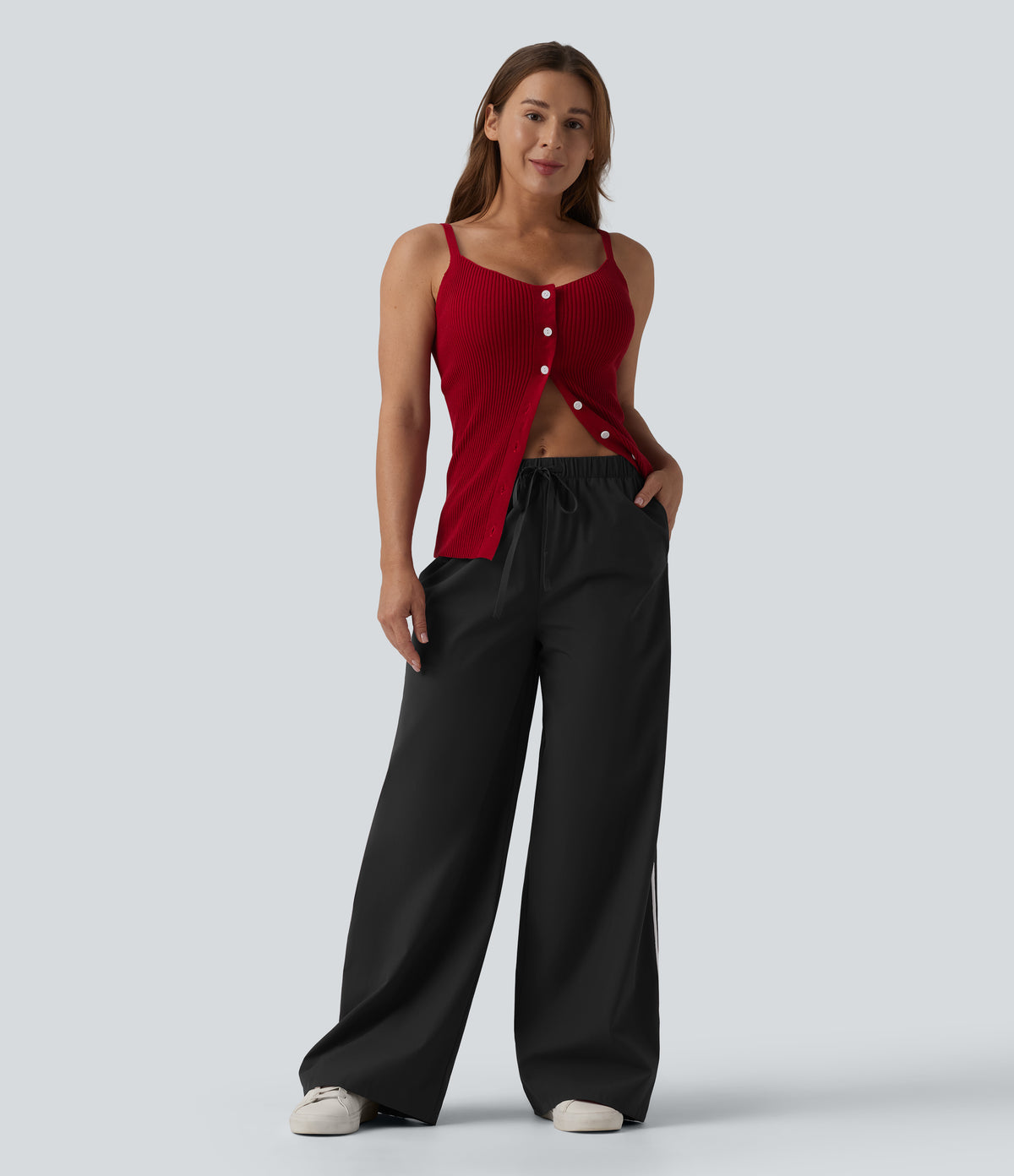 High Waisted Drawstring Wide Leg Stripe Casual Trousers with Pockets — Meteorite — view 5