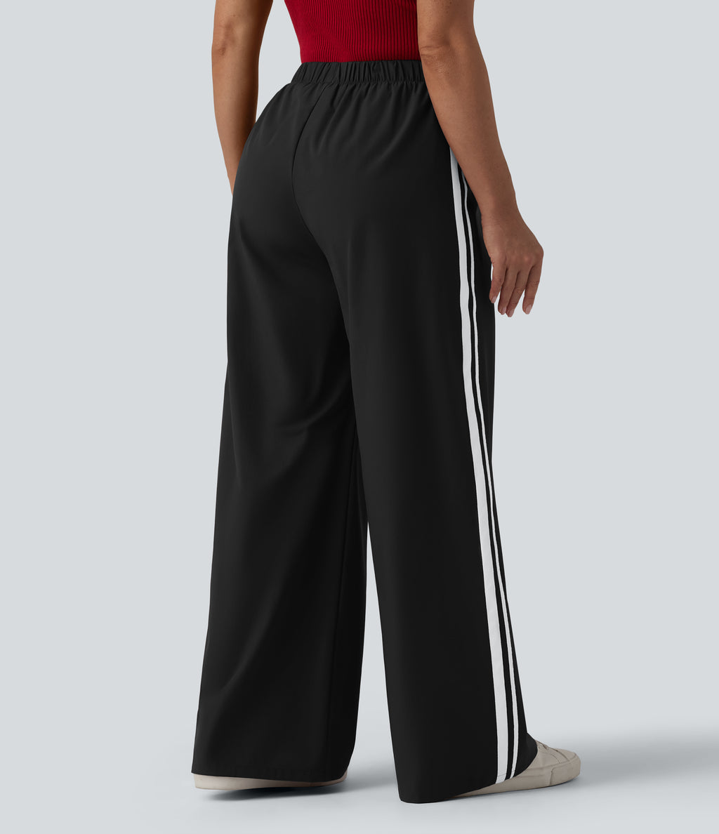 High Waisted Drawstring Wide Leg Stripe Casual Trousers with Pockets — Meteorite — view 2