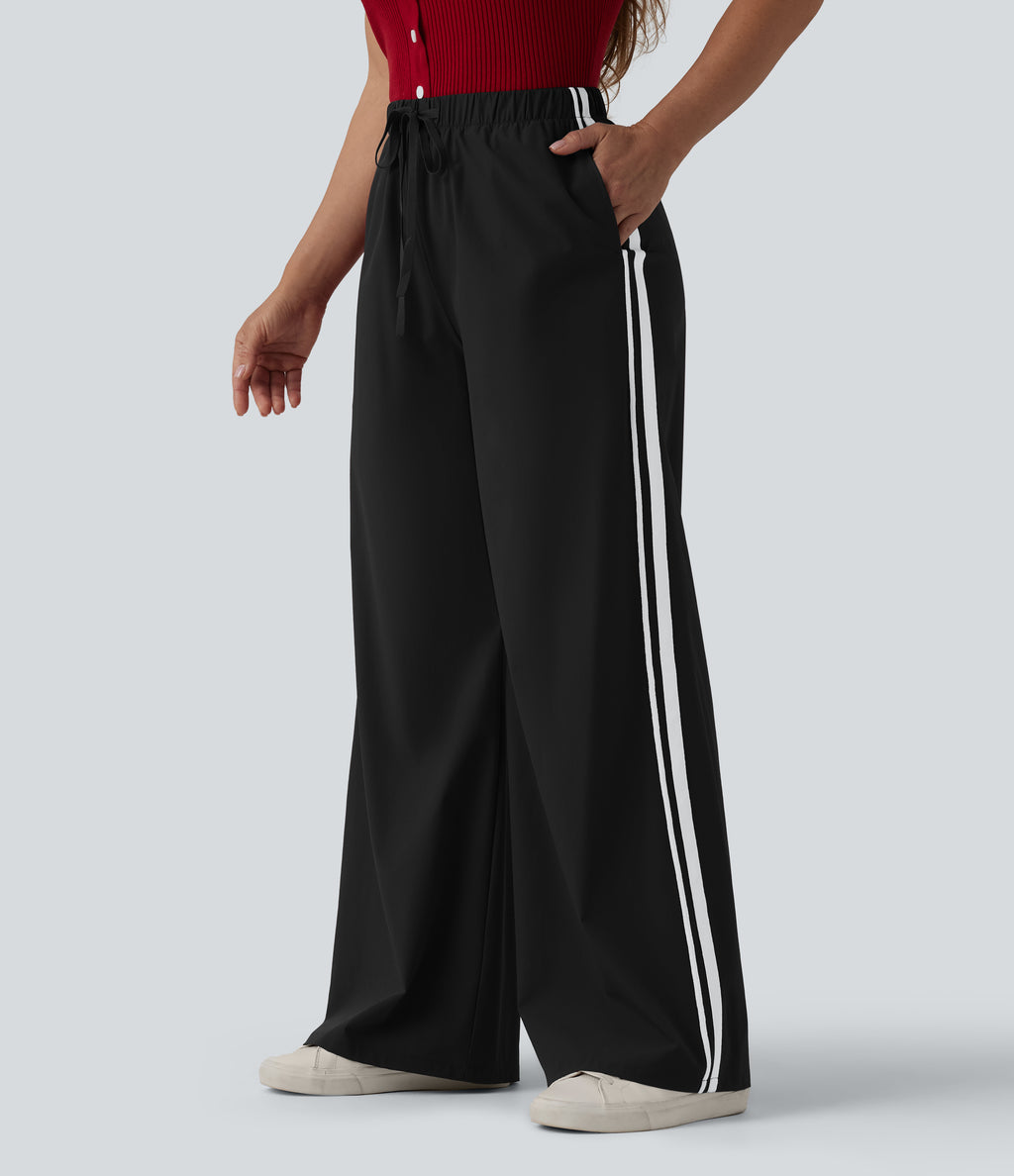 High Waisted Drawstring Wide Leg Stripe Casual Trousers with Pockets — Meteorite — view 1