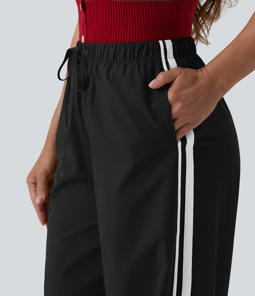High Waisted Drawstring Wide Leg Stripe Casual Trousers with Pockets — Meteorite — view 4