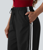 High Waisted Drawstring Wide Leg Stripe Casual Trousers with Pockets — Meteorite — view 4