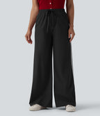 High Waisted Drawstring Wide Leg Stripe Casual Trousers with Pockets — Meteorite — view 3