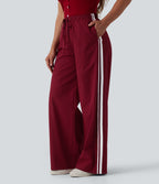 High Waisted Drawstring Wide Leg Stripe Casual Trousers with Pockets — Biking Red — view 6
