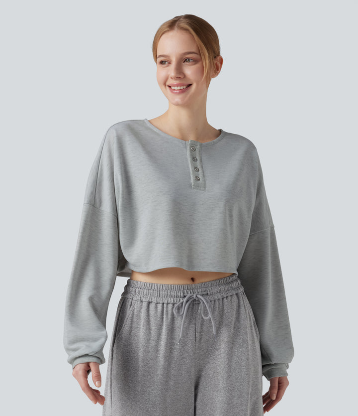 Henley Neck Long Sleeve Cropped Casual Sports Sweatshirt — Mottled Grey — view 1
